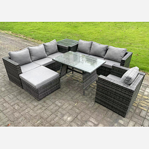 Fimous 8 Seater Wicker PE Rattan Garden Dining Set Outdoor Furniture Sofa with Patio Dining Table Armchair Big Footstool Side table Dark Grey Mixed