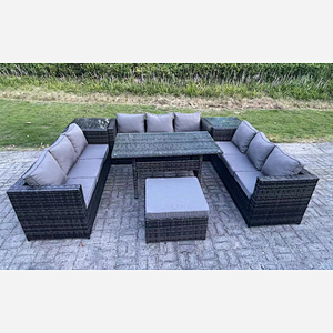 Fimous Outdoor PE Wicker Garden Furniture Rattan Lounge Sofa Set Patio Rectangular Dining Table with Big Footstool 2 Side Table 10 Seater Dark Grey Mixed