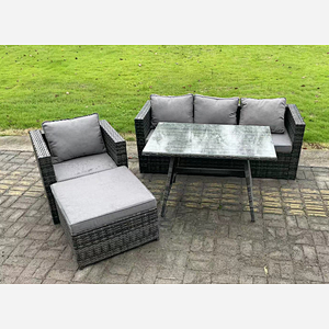 Fimous Rattan Outdoor Furniture Garden Dining Set with Oblong Dining Table Armchair Big Footstool Dark Grey Mixed