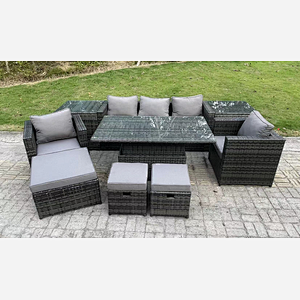 Fimous Wicker PE Rattan Garden Furniture Sofa Set Outdoor Adjustable Rising Lifting Dining Table Set with Armchairs 2 Side Tables 3 Footstools 8 Seater Dark Grey Mixed