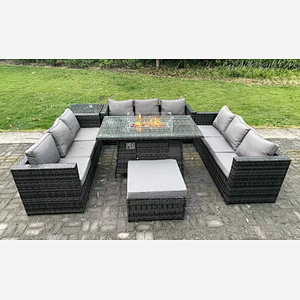 Fimous 10 Seater  Rattan Garden Furniture Sofa Set Outdoor Patio Gas Fire Pit Dining Table Gas Heater Burner With Side Table Big Footstool Dark Grey Mixed