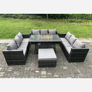 Fimous Rattan Garden Furniture Sofa Set Outdoor Patio Gas Fire Pit Dining Table Gas Heater Burner With Big Footstool 10 Seater Dark Grey Mixed
