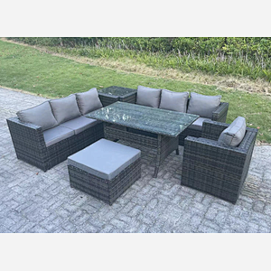 Fimous 8 Seater Outdoor Lounge Sofa Garden Furniture Set Patio Chair Rattan Rectangular Dining Table with Side Table Big Footstool Dark Grey Mixed