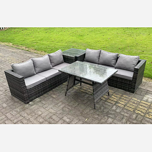 Fimous 6 Seater Wicker PE Rattan Garden Dining Set Outdoor Furniture Sofa with Side Table Dining Table Dark Grey Mixed