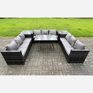 Fimous 9 Seater Rattan Outdoor Furniture Sofa Garden Dining Set with Patio Dining Table 2 Side Tables Dark Grey Mixed