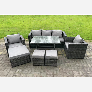 Fimous 8 Seater Rattan Outdoor Furniture Sofa Garden Dining Set with Dining Table 2 Armchairs 3 Stools Dark Grey Mixed
