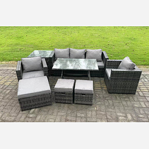 Fimous Rattan Outdoor Furniture Sofa Garden Dining Set with Dining Table 2 Armchairs Side Table 3 Stools 8 Seater Dark Grey Mixed