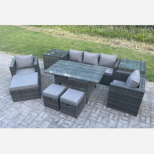 Fimous Outdoor Garden Furniture Set Patio Rattan Rectangular Dining Table Lounge Sofa Chair with 2 Side Table Big Footstool 2 Small Stools 8 Seater Dark Grey Mixed