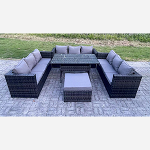 Fimous Outdoor Wicker Garden Furniture Rattan Lounge Sofa Set Patio Rectangular Dining Table with Big Footstool 10 Seater Dark Grey Mixed