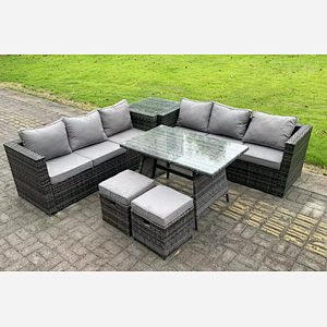 Fimous 8 Seater Wicker PE Rattan Garden Dining Set Outdoor Furniture Sofa with Side Table Dining Table Stools Dark Grey Mixed