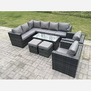 Fimous 10 Seater Rattan Corner Sofa Lounge Sofa Set With Rectangular Coffee Table 2 Stool Dark Grey Mixed Left Hand
