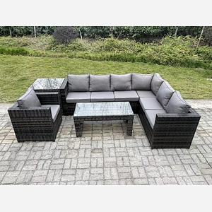 Fimous 7 Seater Rattan Corner Sofa Lounge Sofa Set With Rectangular Coffee Table With Arm Chair And Side Table Dark Grey Mixed Right Hand