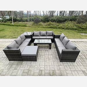 Fimous Outdoor Rattan Garden Furniture Lounge Sofa Set With Oblong Rectagular Coffee Table Big Footstool And Side Table