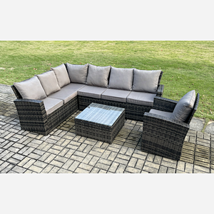 Fimous 7 Seater Outdoor Furniture Garden Dining Set Rattan Corner Sofa Set with Square Coffee Table Armchair Dark Grey Mixed