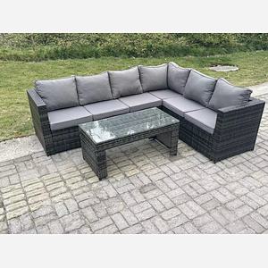 Fimous 6 Seater Rattan Corner Sofa Lounge Sofa Set With Rectangular Coffee Table Dark Grey Mixed Right Hand