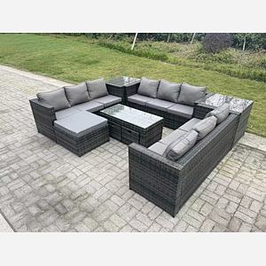 Fimous Outdoor Rattan Garden Furniture Lounge Sofa Set With Oblong Rectagular Coffee Table Big Footstool and 2 Small Stools 2 Side Table
