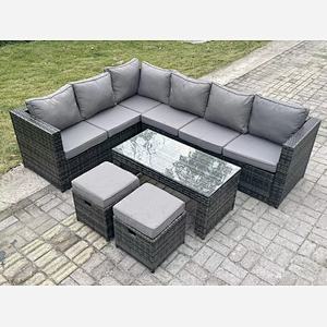 Fimous 8 Seater Rattan Corner Sofa Lounge Sofa Set With Rectangular Coffee Table 2 Stool Dark Grey Mixed Left Hand