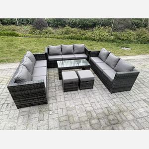 Fimous Outdoor Rattan Garden Furniture Lounge Sofa Set With Oblong Rectagular Coffee Table 2 Stools