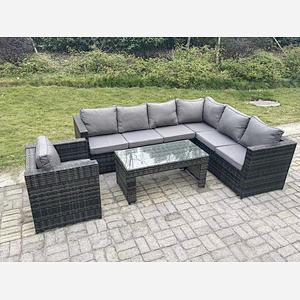 Fimous 7 Seater Rattan Corner Sofa Lounge Sofa Set With Rectangular Coffee Table With Arm Chair Dark Grey Mixed