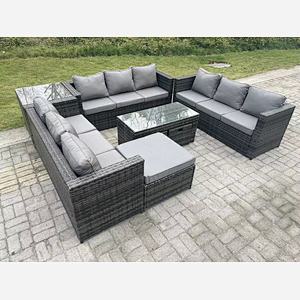 Fimous Outdoor Rattan Garden Furniture Lounge Sofa Set With Oblong Rectagular Coffee Table Big Footstool and 2 Small Stools Side Table