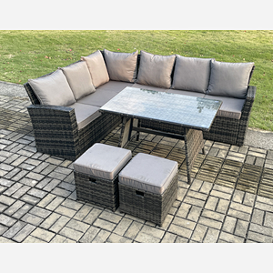 Fimous Outdoor Furniture Garden Dining Set Rattan Corner Sofa Set with 2 Small Footstools Dark Grey Mixed