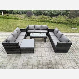 Fimous Outdoor Rattan Garden Furniture Lounge Sofa Set With Oblong Rectagular Coffee Table Big Footstool