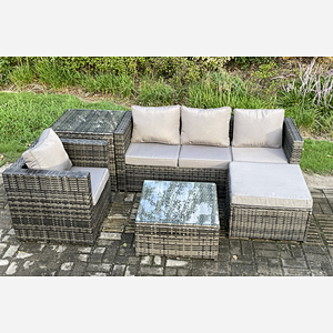 Fimous Rattan Garden Furniture Set 5 Seater Patio Outdoor Lounge Sofa Set with Side Table Square Coffee Table Big Footstool Dark Grey Mixed
