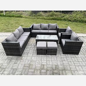 Fimous Outdoor Rattan Garden Furniture Lounge Sofa Set With Oblong Rectagular Coffee Table 2 PC Arm Chair 2 Stools