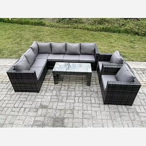 Fimous 8 Seater Rattan Corner Sofa Lounge Sofa Set With Rectangular Coffee Table 2 Arm Chair Dark Grey Mixed Left Hand