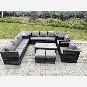 Fimous Outdoor Rattan Garden Furniture Lounge Sofa Set With Oblong Rectagular Coffee Table 2 PC Arm Chair 2 Side Coffee Table 2 Stools