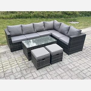 Fimous 8 Seater Rattan Corner Sofa Lounge Sofa Set With Rectangular Coffee Table 2 Stool Dark Grey Mixed Right Hand