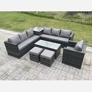 Fimous 9 Seater Rattan Corner Sofa Set With Square Side Table And Oblong Rectangular Coffee Tea Table Arm Chair 2 Stools Dark Grey Mixed