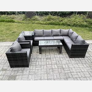 Fimous 8 Seater Rattan Corner Sofa Lounge Sofa Set With Rectangular Coffee Table Side Table 2 Arm Chair Dark Grey Mixed Right Hand