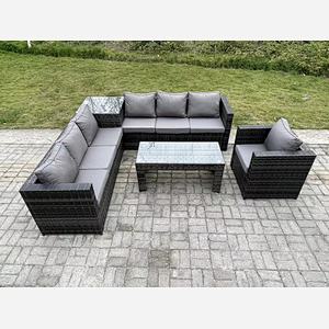 Fimous 7 Seater Rattan Corner Sofa Set With Square Side Table And Oblong Rectangular Coffee Tea Table Arm Chair Dark Grey Mixed