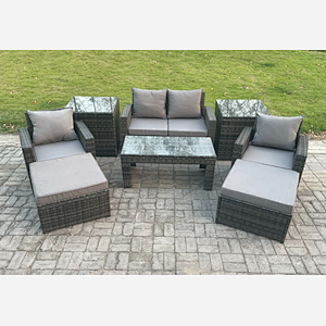 Fimous 8 PCS Outdoor Lounge Sofa Set Wicker PE Rattan Garden Furniture Set with Rectangular Coffee Table Armchair 2 Big Footstool 2 Side Tables Dark Grey Mixed