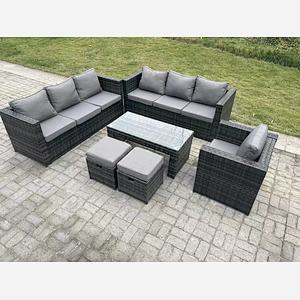 Fimous Outdoor Rattan Garden Furniture Lounge Sofa Set With Oblong Rectagular Coffee Table Arm Chair 2 Stools
