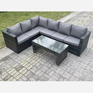 Fimous 6 Seater Rattan Corner Sofa Lounge Sofa Set With Rectangular Coffee Table Dark Grey Mixed Left Hand