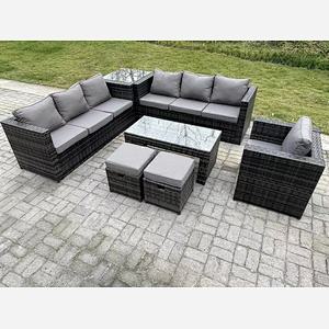 Fimous Outdoor Rattan Garden Furniture Lounge Sofa Set With Oblong Rectagular Coffee Table Arm Chair Side Coffee Table 2 Stools