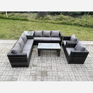 Fimous 8 Seater Rattan Corner Sofa Set With Square Side Table And Oblong Rectangular Coffee Tea Table 2 PC Arm Chair Dark Grey Mixed