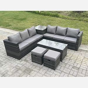 Fimous 8 Seater Rattan Corner Sofa Set With Square Side Table And Oblong Rectangular Coffee Tea Table 2 Stools Dark Grey Mixed