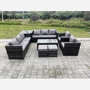 Fimous Outdoor Rattan Garden Furniture Lounge Sofa Set With Oblong Rectagular Coffee Table 2 PC Arm Chair Side Coffee Table 2 Stools