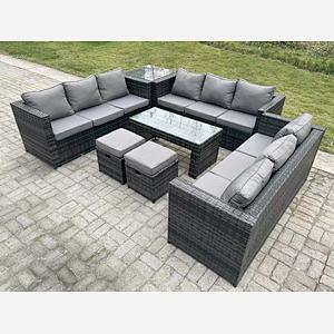 Fimous Outdoor Rattan Garden Furniture Lounge Sofa Set With Oblong Rectagular Coffee Table 2 Stools And Side Table