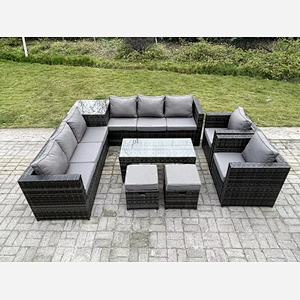 Fimous 10 Seater Rattan Corner Sofa Set With Square Side Table And Oblong Rectangular Coffee Tea Table 2 PC Arm Chair 2 Stools Dark Grey Mixed
