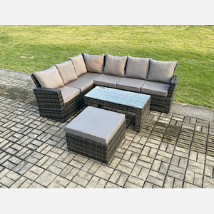 Fimous 7 Seat Rattan Garden Furniture Corner Sofa Set Outdoor Patio Sofa Table Set with Big Footstool Dark Grey Mixed