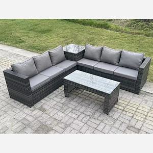 Fimous 6 Seater Rattan Corner Sofa Set With Square Side Table And Oblong Rectangular Coffee Tea Table Dark Grey Mixed