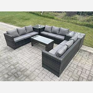 Fimous Outdoor Rattan Garden Furniture Lounge Sofa Set With Oblong Rectagular Coffee Table And 2 Side Table