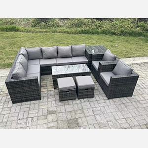 Fimous 10 Seater Rattan Corner Sofa Lounge Sofa Set With Rectangular Coffee Table Side Table 2 Arm Chair and 2 Stools Dark Grey Mixed