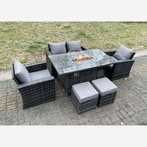 Fimous Rattan Outdoor Furniture Gas Fire Pit Rectangle Dining Table Gas Heater Chairs Two Seater Love Sofa Sets Footstools 6 Seater