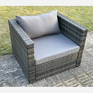 Fimous Outdoor Rattan Single Sofa Chair Garden Furniture With Seat and Back Cushion Dark Grey Mixed