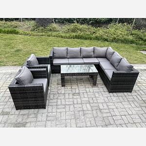 Fimous 8 Seater Rattan Corner Sofa Lounge Sofa Set With Rectangular Coffee Table 2 Arm Chair Dark Grey Mixed Right Hand